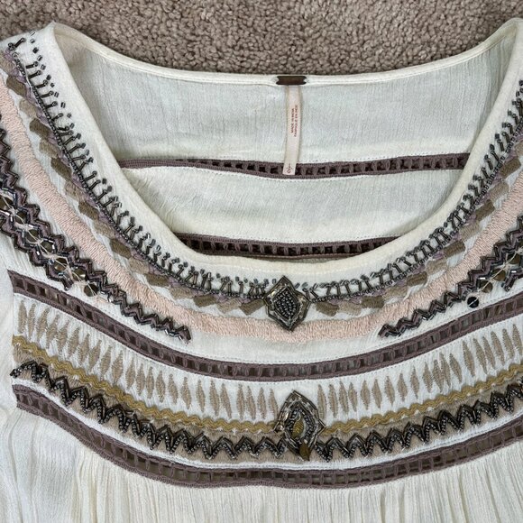 Free People Dress Women L Ivory Embroidered Beaded Wedding Bohemian Festival - Picture 6 of 13